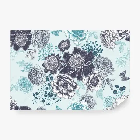 Fotomural estampado floral vintage en tonos turquesa – Pixers®