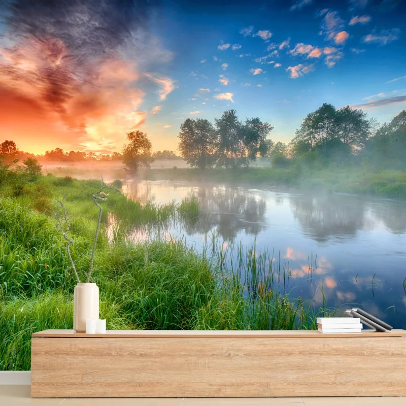 Fotomural amanecer dorado en la ribera del río