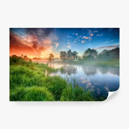 Fotomural amanecer dorado en la ribera del río – Pixers®