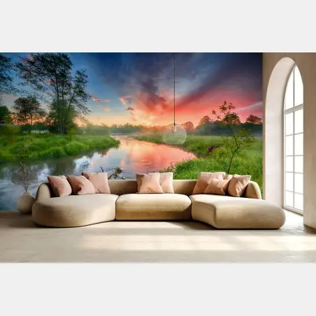 Fotomural amanecer sereno en la ribera del río – Pixers®