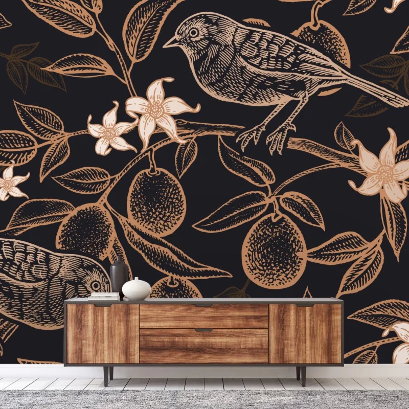 Fotomural patrón botánico con pájaros y limones sobre fondo oscuro