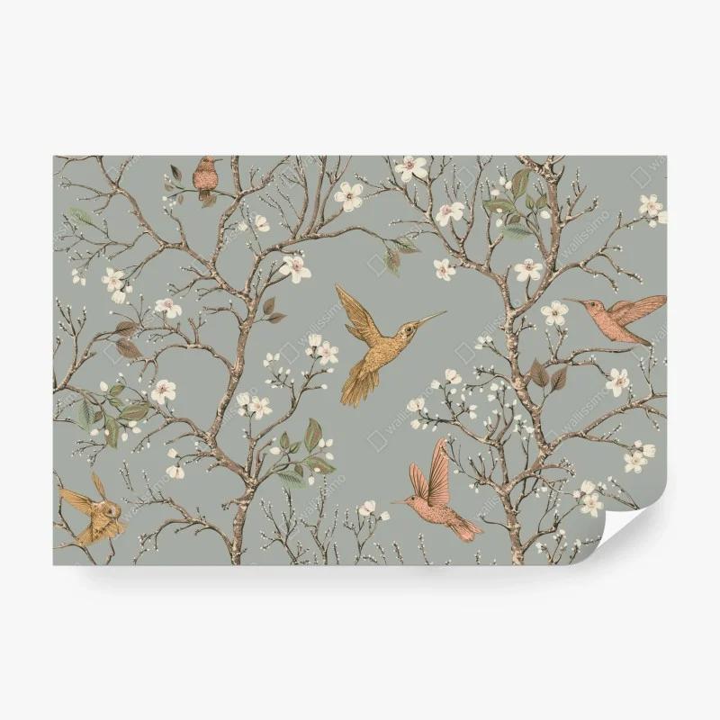 Fotomural colibríes y flores en ramas estilo botánico