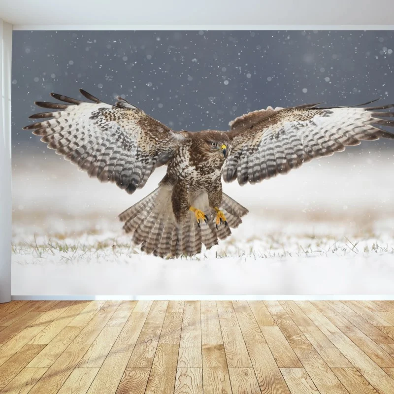 Fotomural ratonero común en vuelo sobre la nieve