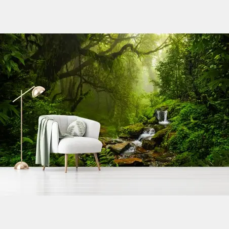 Fotomural bosque esmeralda con cascada y sendero místico – Pixers®