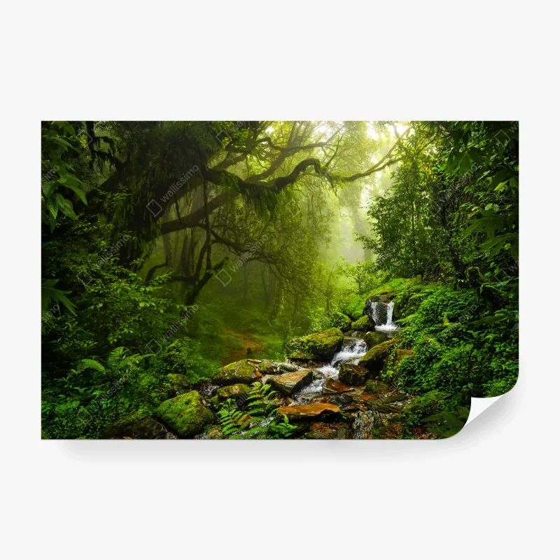 Fotomural bosque esmeralda con cascada y sendero místico