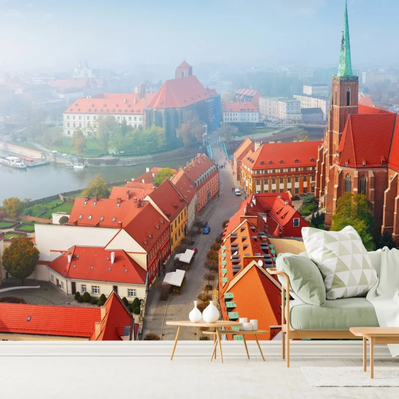 Fotomural paisaje urbano histórico con tejados rojos y catedral gótica