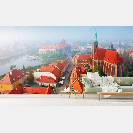 Fotomural paisaje urbano histórico con tejados rojos y catedral gótica – Pixers®
