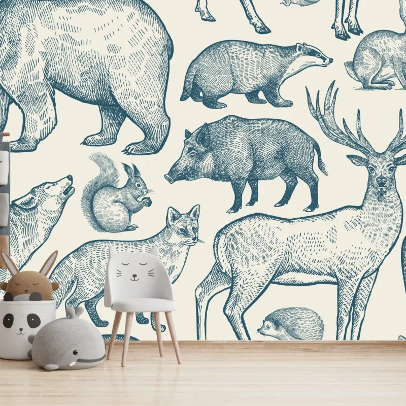Fotomural fauna del bosque en estilo grabado vintage