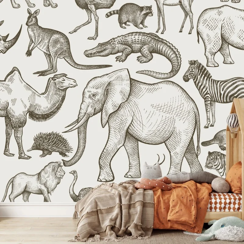 Fotomural safari ilustrado en tonos neutros
