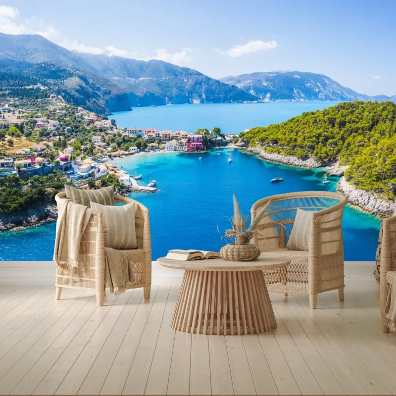 Fotomural bahía de aguas turquesa y pinos