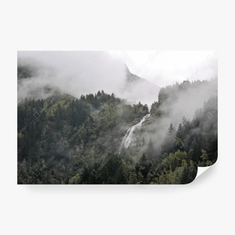 Fotomural cascada entre niebla en el bosque montañoso