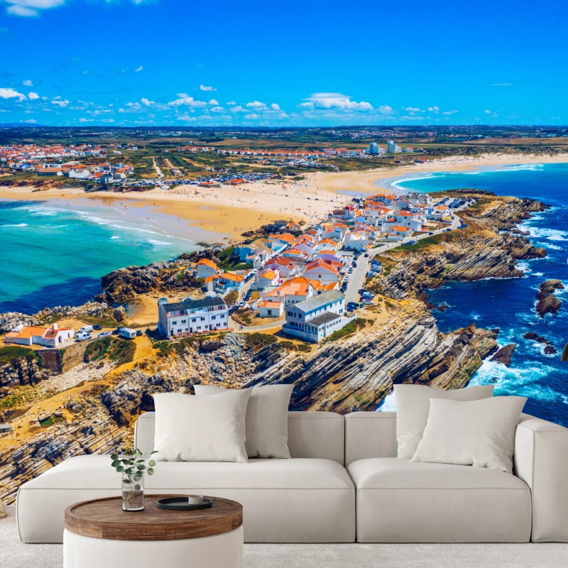 Fotomural vista aérea de Baleal, Portugal: costa y olas