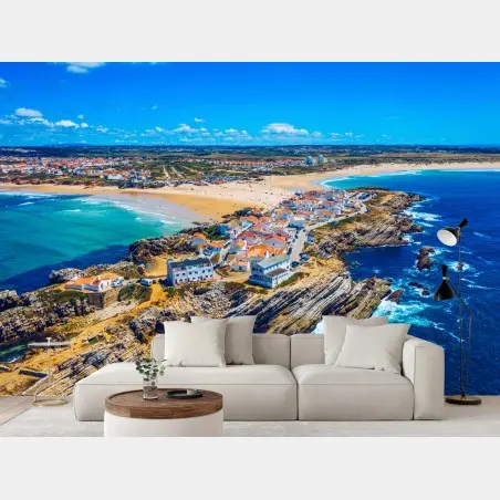 Fotomural vista aérea de Baleal, Portugal: costa y olas – Pixers®