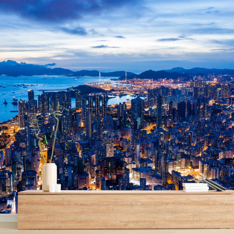 Fotomural panorámica nocturna de Hong Kong desde las alturas