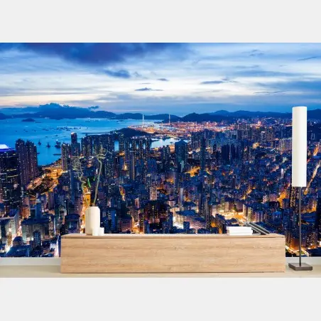 Fotomural panorámica nocturna de Hong Kong desde las alturas – Pixers®