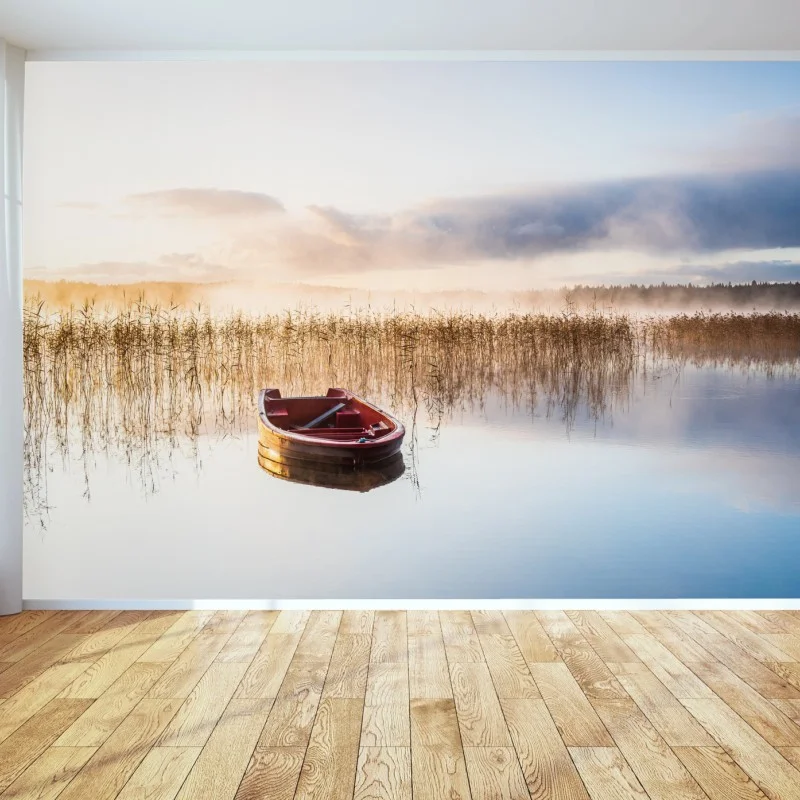 Fotomural amanecer sereno en el lago con bote rojo