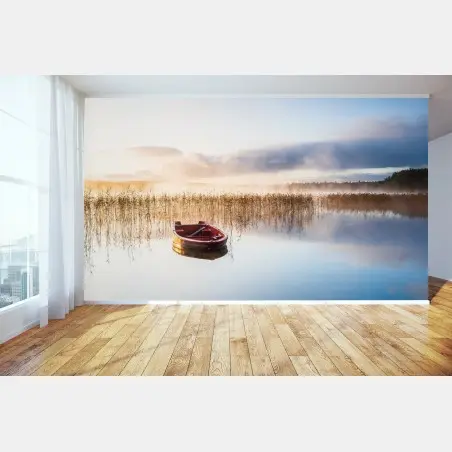 Fotomural amanecer sereno en el lago con bote rojo – Pixers®