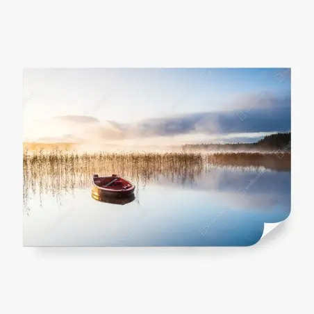 Fotomural amanecer sereno en el lago con bote rojo – Pixers®
