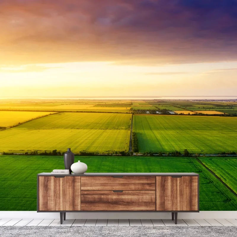 Fotomural vistas aéreas de campos al atardecer