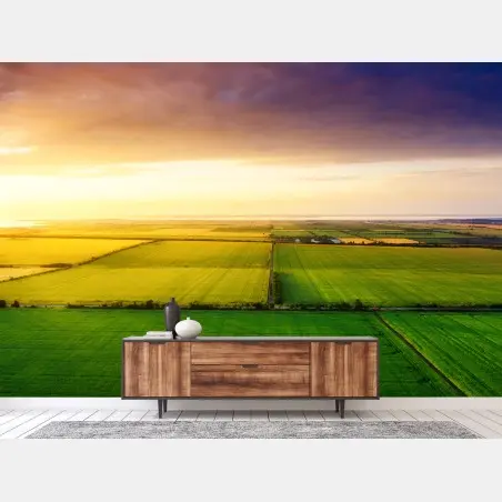 Fotomural vistas aéreas de campos al atardecer – Pixers®
