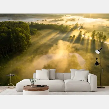 Fotomural amanecer dorado sobre río y pradera en niebla – Pixers®