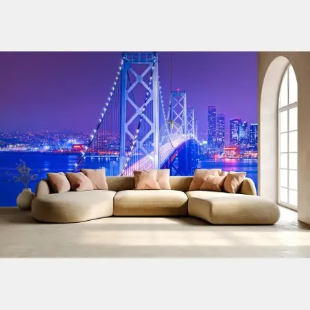 Fotomural puente iluminado sobre la bahía al anochecer – Pixers®