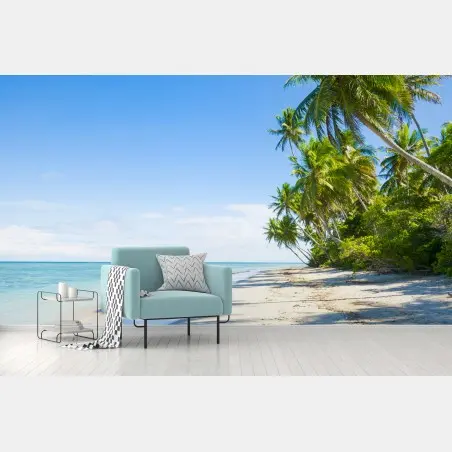 Fotomural escena de playa tropical con palmeras y mar turquesa – Pixers®