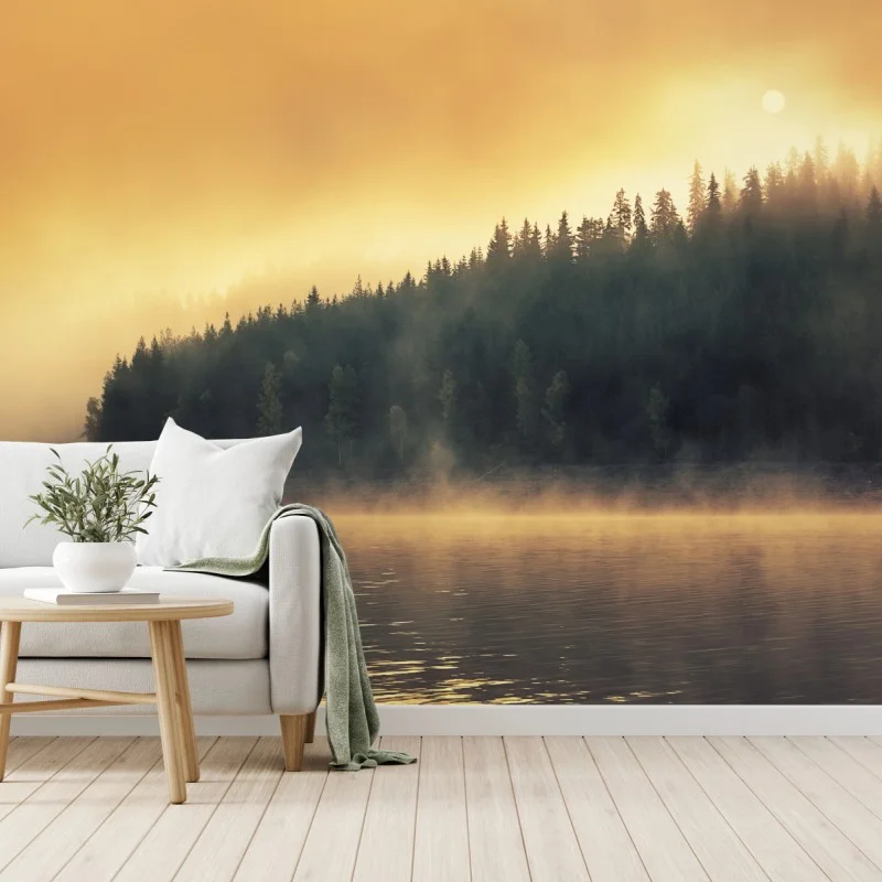 Fotomural amanecer dorado en el lago brumoso