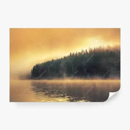Fotomural amanecer dorado en el lago brumoso – Pixers®