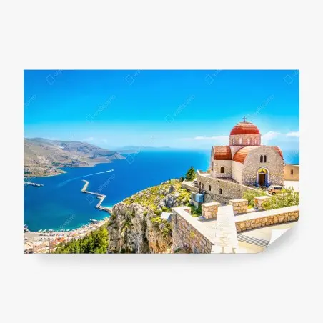 Fotomural iglesia de cúpulas rojas sobre acantilado del Mediterráneo – Pixers®