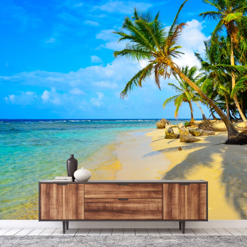 Fotomural escena de paraíso tropical con palmeras y mar turquesa