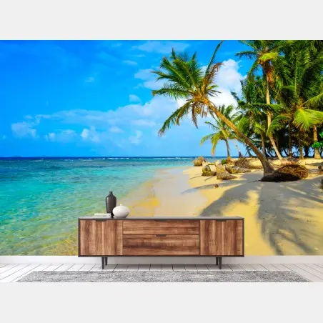 Fotomural escena de paraíso tropical con palmeras y mar turquesa – Pixers®