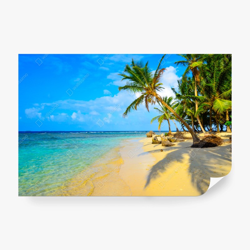 Fotomural escena de paraíso tropical con palmeras y mar turquesa