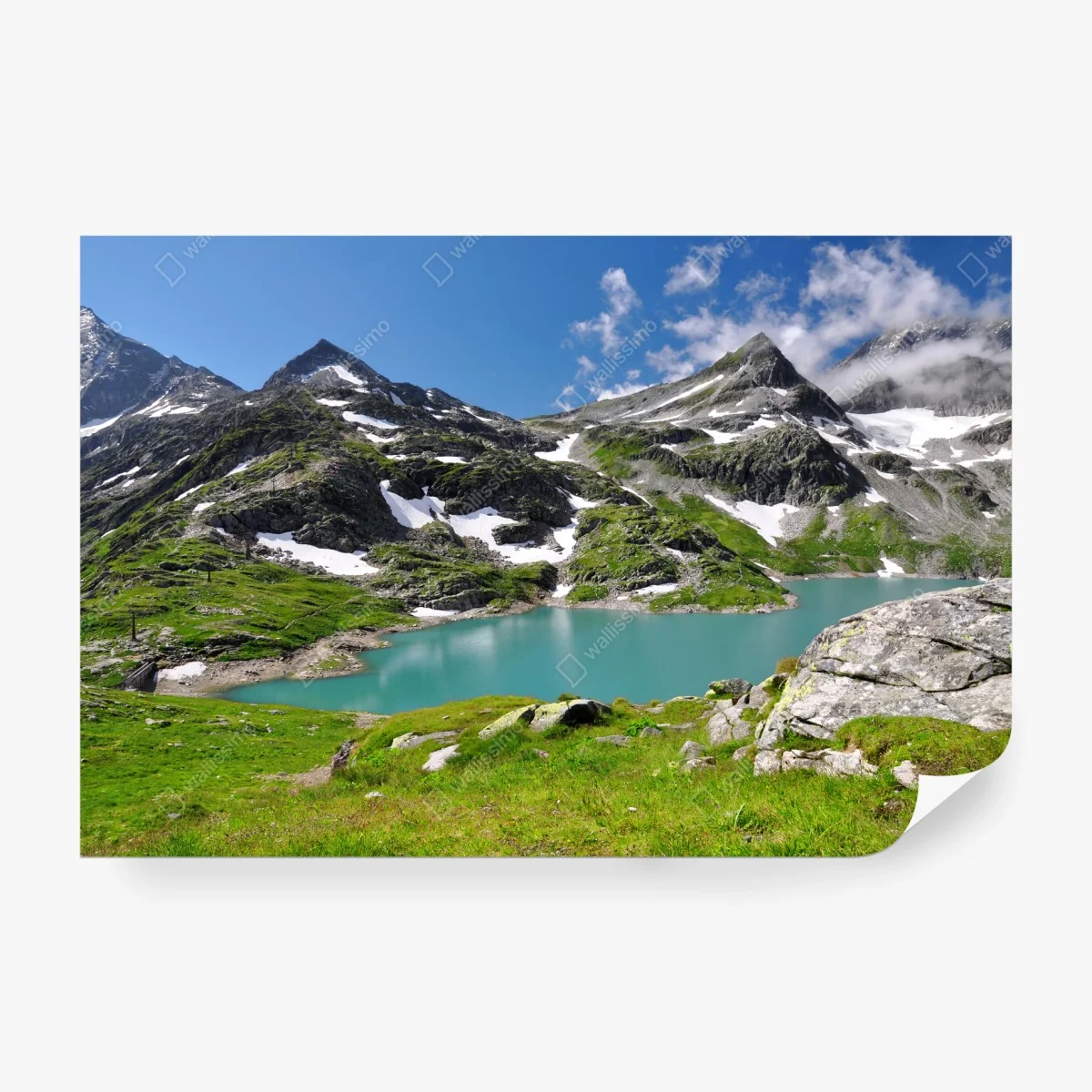 Fotomural lago alpino turquesa entre montañas y praderas – Pixers®