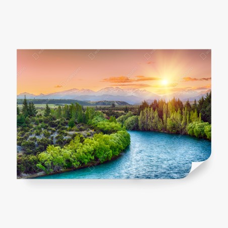 Fotomural atardecer sobre el río Clutha y los Alpes del Sur, Nueva Zelanda – Pixers®