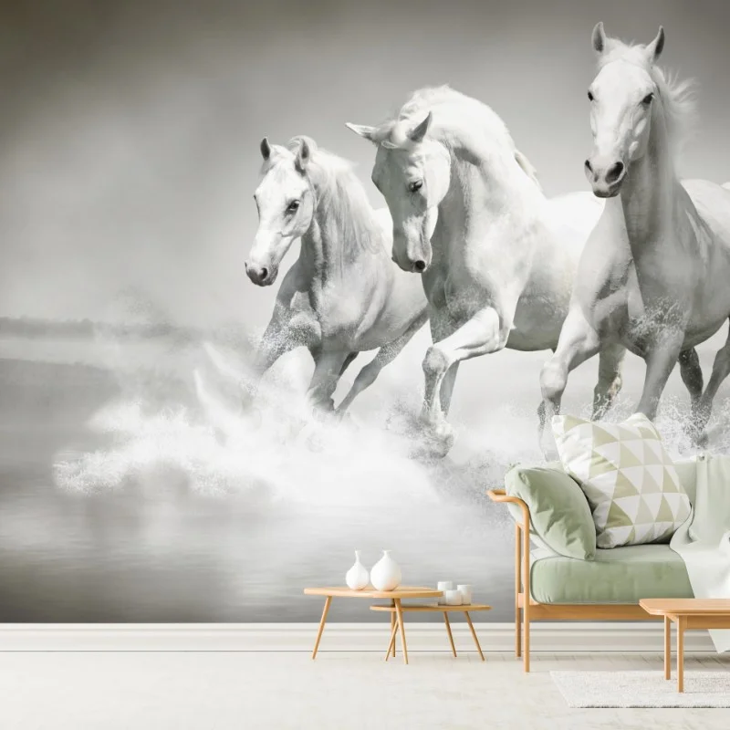 Fotomural trío de caballos blancos galopando sobre el agua