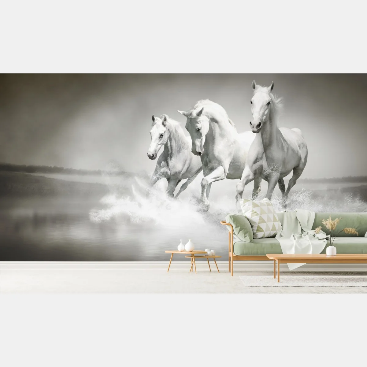 Fotomural trío de caballos blancos galopando sobre el agua – Pixers® Fotomural trío de caballos blancos galopando sobre el agua – Pixers®