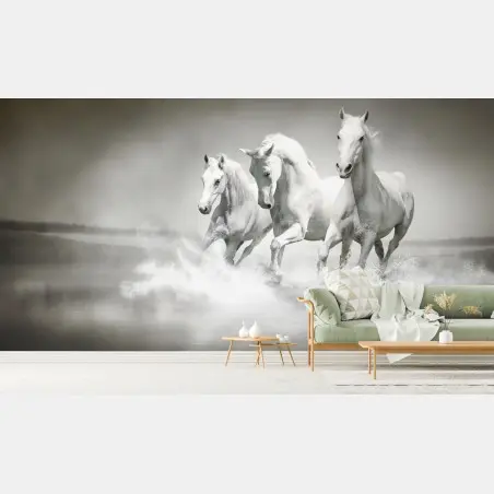 Fotomural trío de caballos blancos galopando sobre el agua – Pixers®