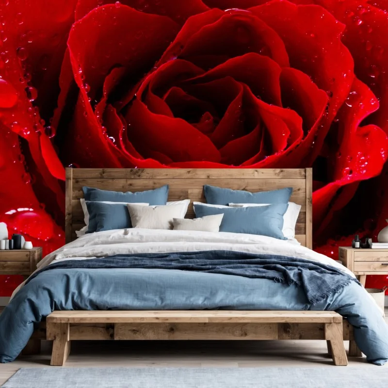 Fotomural rosa roja en primer plano con gotas de rocío
