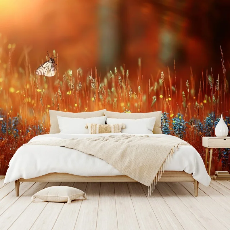 Fotomural amanecer dorado con mariposa en pradera
