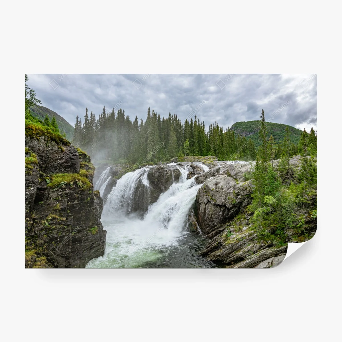 Fotomural cascada en bosque rocoso bajo cielo nublado – Pixers®