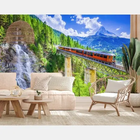 Fotomural vistas alpinas: tren de Gornergrat y Matterhorn – Pixers®