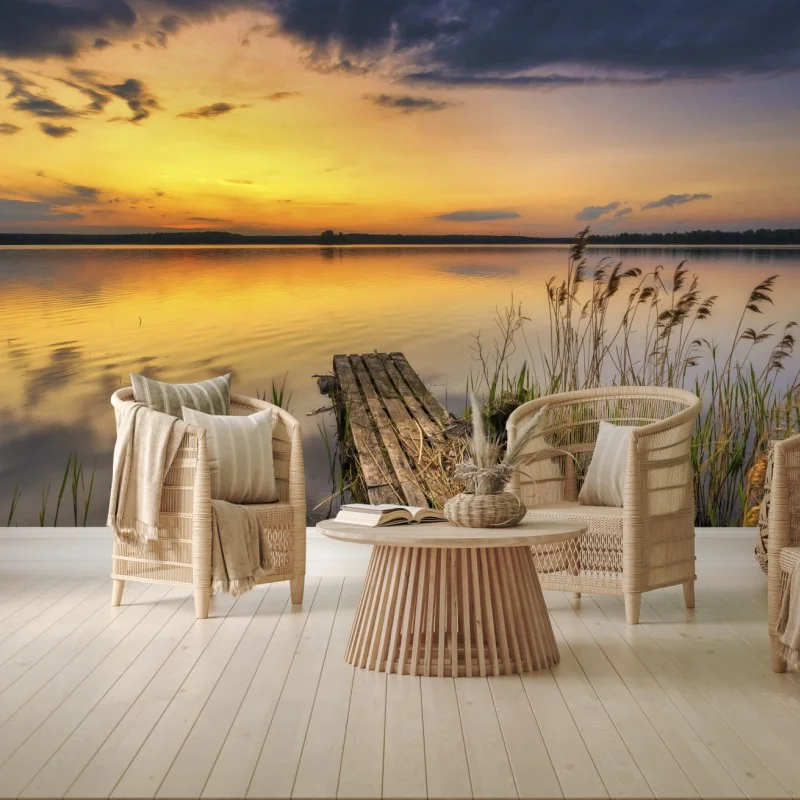 Fotomural atardecer dorado en el lago