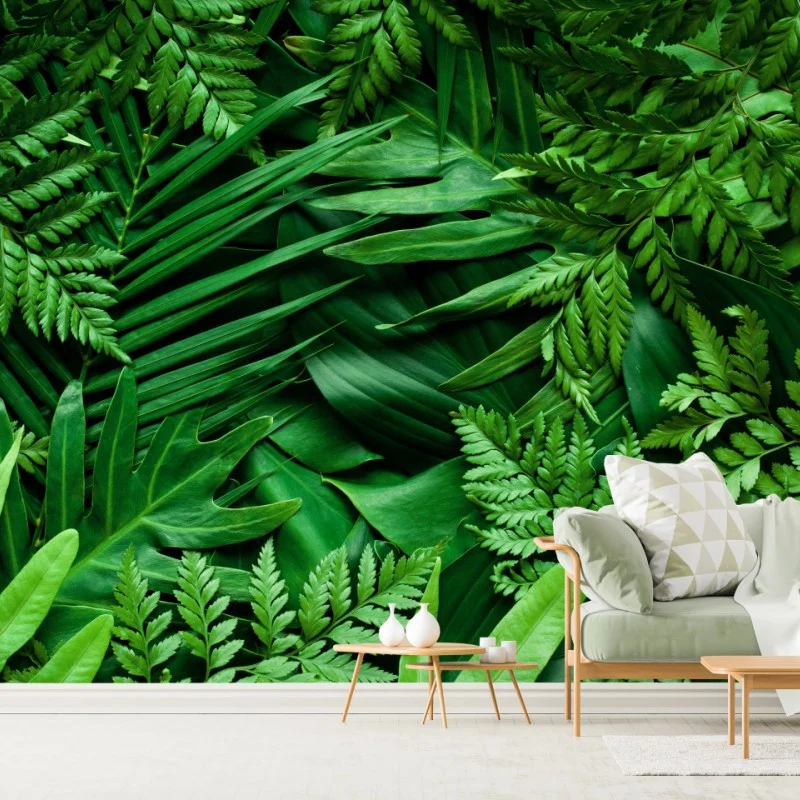 Fotomural follaje tropical exuberante en tonos verdes
