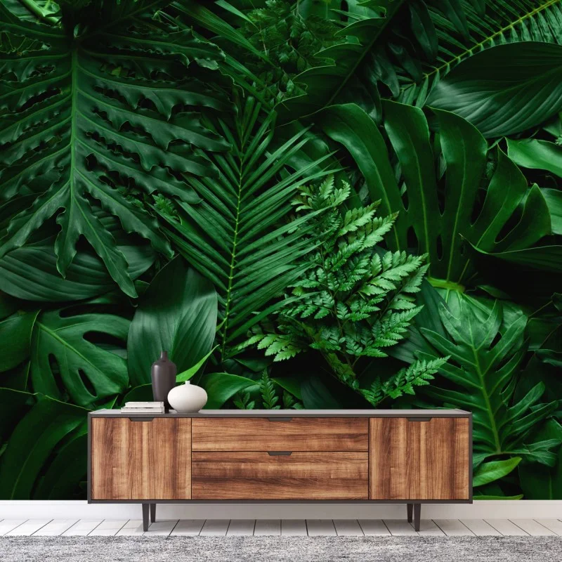 Fotomural hojas tropicales en verde profundo
