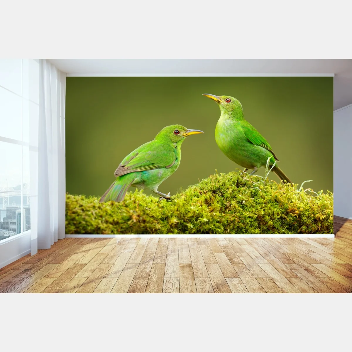 Fotomural pareja de aves verdes sobre musgo tropical – Pixers® Fotomural pareja de aves verdes sobre musgo tropical – Pixers®