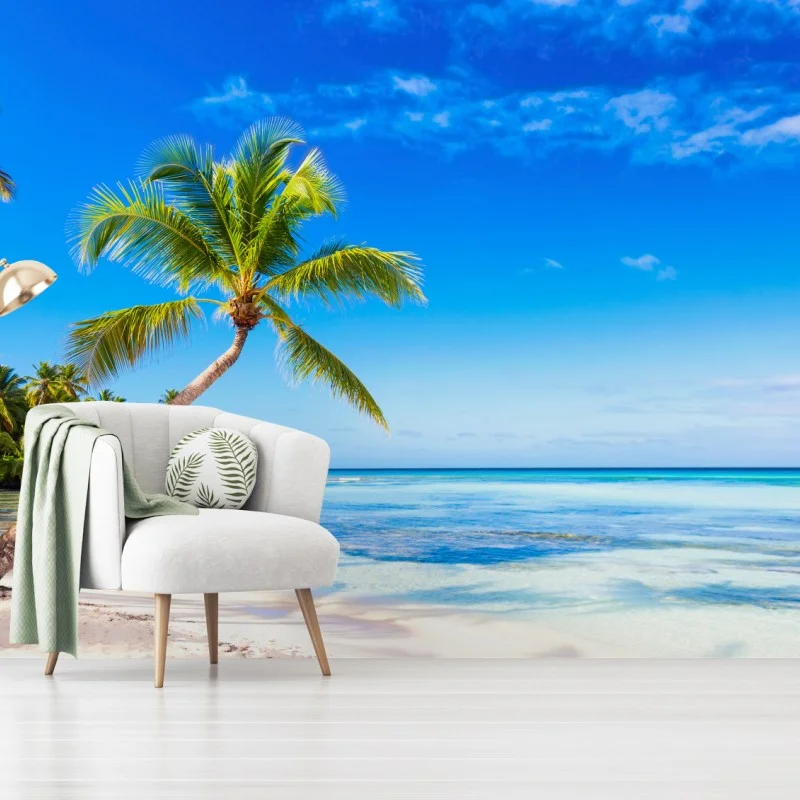 Fotomural playa tropical con palmera inclinada