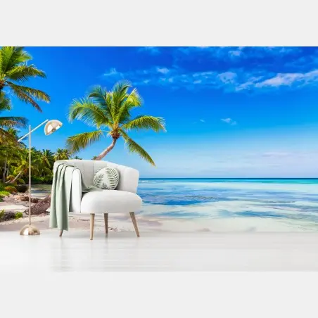 Fotomural playa tropical con palmera inclinada – Pixers®