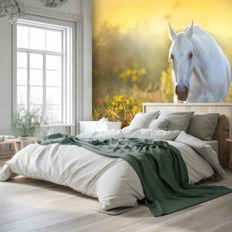 Fotomural caballo blanco entre amapolas al amanecer