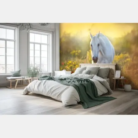 Fotomural caballo blanco entre amapolas al amanecer – Pixers®